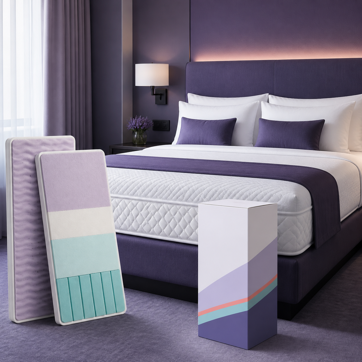 Hotel mattress specification visual with a dressed guest bed, layered samples and specification carton